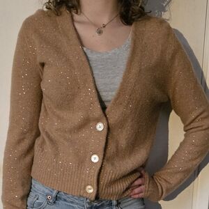 J Crew Tan Bedazzled Cardigan Sz S